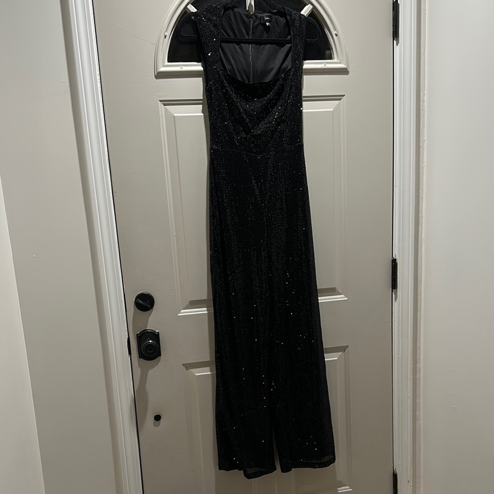 Lulu's Black Sparkle Sequin Flare Jumpsuit